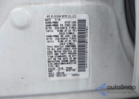 2018 Nissan Rogue Sl z USA, uszkodzony, nr VIN JN8AT2MV8JW352159